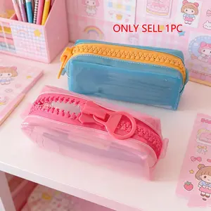 Jelly-Like Stationery Makeup Bag, Simple Solid Color Durable Storage Bag, Standing Not Collapsible, Large Capacity Student Daily Essentials Box, Back-To-School Gift, Large Zipper Pen Case, Pencil Bag
