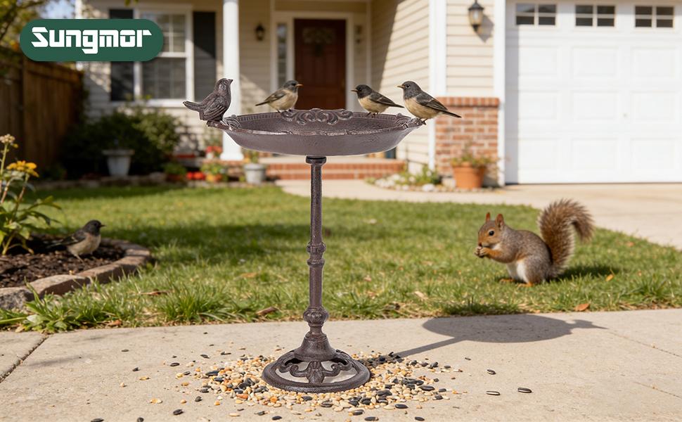 Sungmor Vintage Cast Iron Birdbath for Outside,15.6" Tall Bird Feeder with Adorable Bird Statue,Freestanding Oval Water Bowl,Distressed Brown Finish