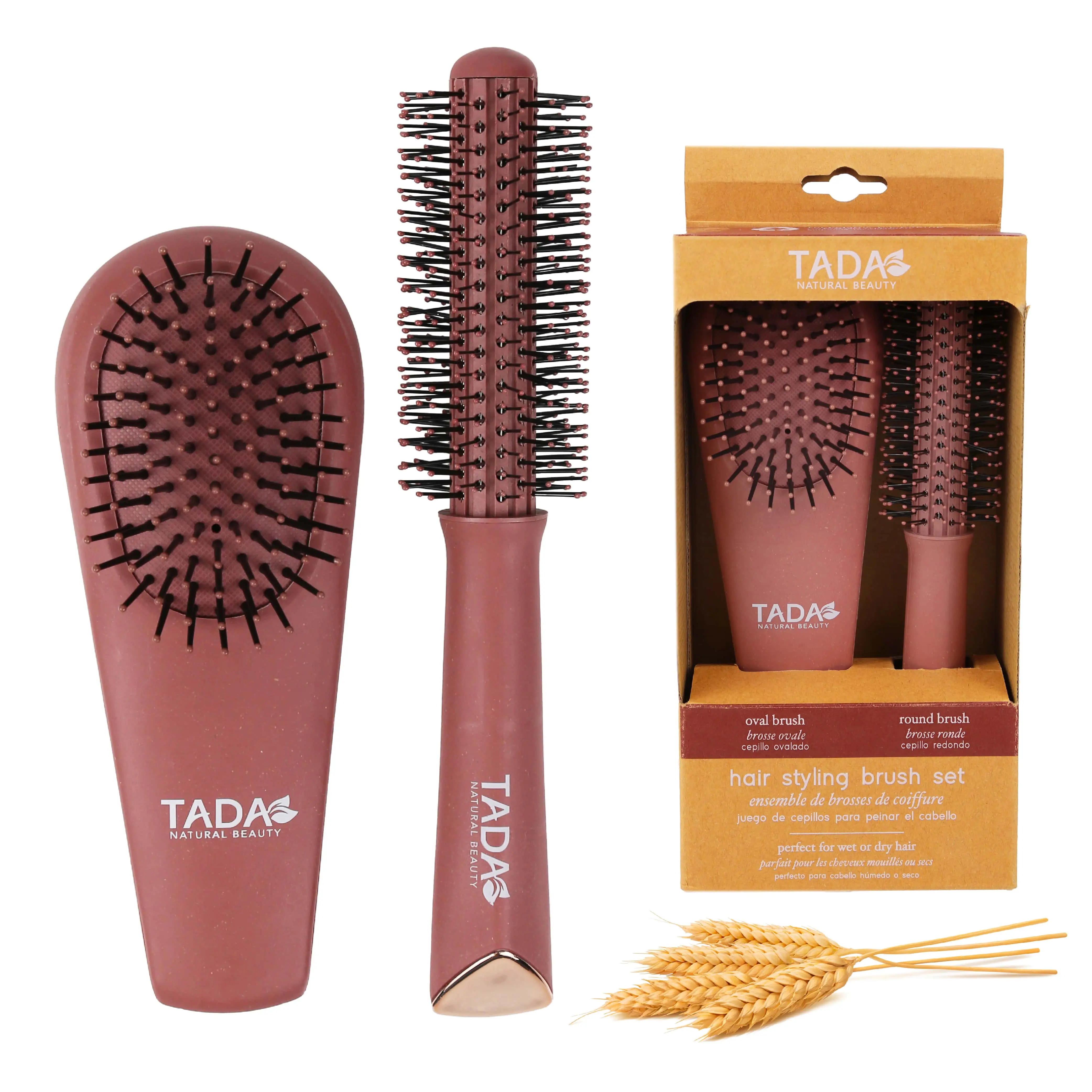 TADA Natural Beauty Detangling & Round Brush Set for Anti-Frizz Blow Dry Styling, Eco-Friendly Wheat Straw, For All Hair Types, Travel Size, 2 Ct, Hair Styling, Combating Frizz And Tangles, 2 Piece Sets, Biodegradable, Smooths Frizz