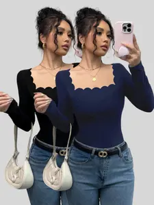Elegant Women's Long Sleeve T-Shirt Set, Square Neck Wavy Edge Design, Autumn Fashion Essential, Must-Have Clothing Items, Top, Womenswear