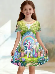 Girls' 3D Unicorn Rainbow Dress, Casual Fitted A-Line Short Sleeve Dress, Perfect Birthday Gift, Festive for Kids