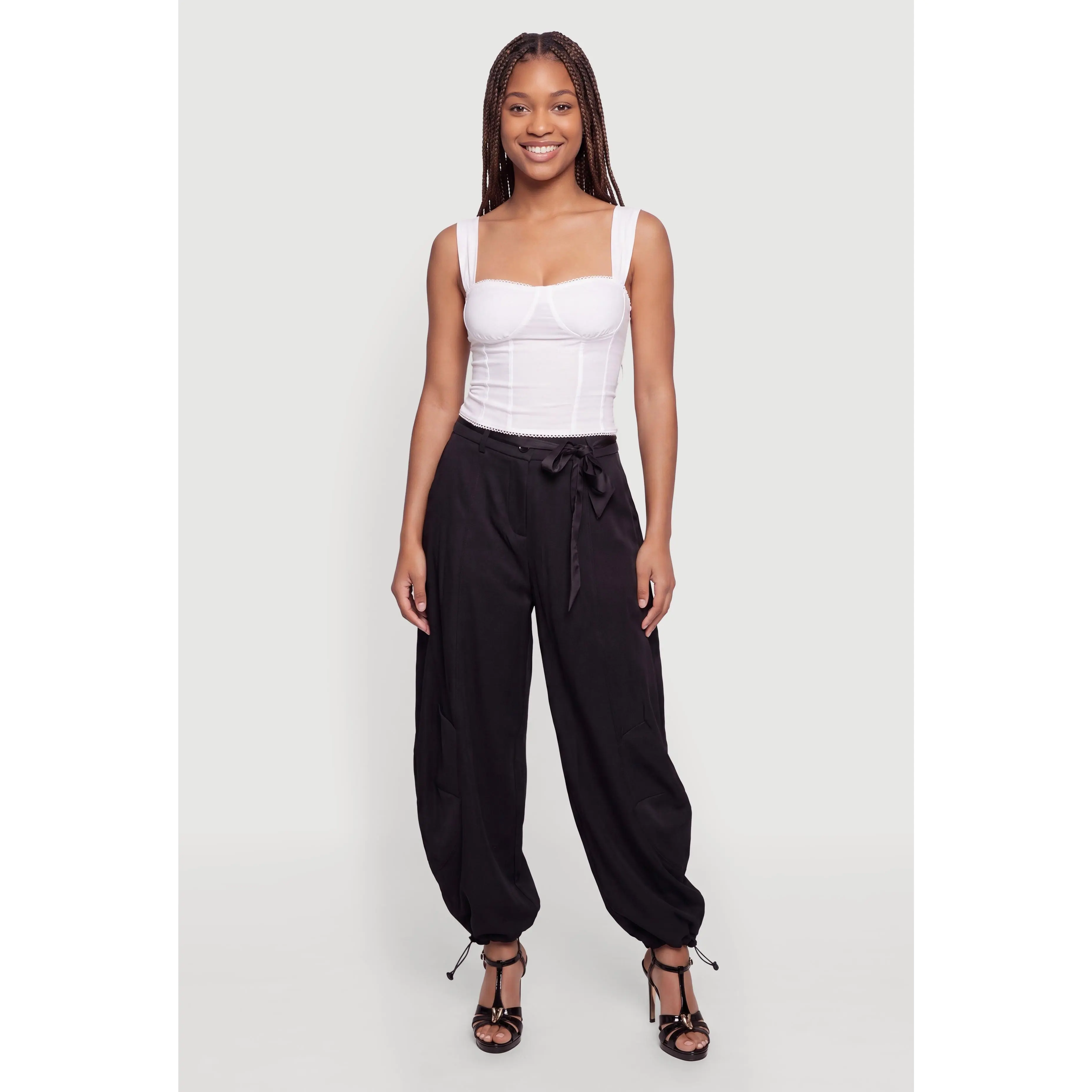 Satin Belted Pintuck Detail Toggle Drawstring Barrel Joggers Satin Belted Pintuck Detail Toggle Drawstring Barrel Joggers