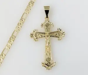 Plated Cross 4mm 14K Diamond Cut Figaro Chain Necklace