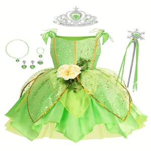 [Green Sequined Mesh Skirt] Sequined Green Round Neck Mesh Skirt with 3D Flower Embroidery |   Girls' Forest Princess Dress for Birthday Party, Christmas, Halloween, Dance Party