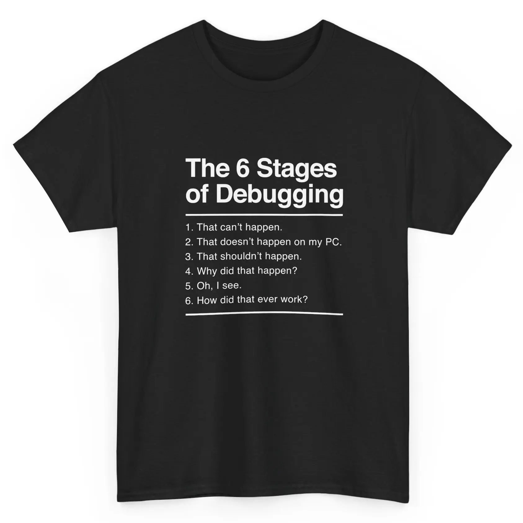 The 6 Stages of Debugging T‑Shirt, Funny Coding Developer Text Graphic Tee, Casual Short Sleeve Top for Software Engineers & Coders