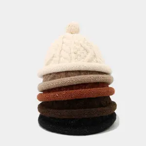 Embroidery Stretch Knit Beanie Hat Autumn Winter Japanese Style Cable Knit Pompom Beanie Hat for Women Kawaii Cute Little Bunch Warm Yarn Landlord Cap Machine Washable