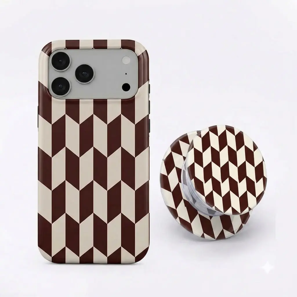 Etiquette MagSafe Tough Phone Case with Matching Phone Grip, Brown Cream Geometric Checker Pattern Glossy Aesthetic Protective Cover for iPhone 17 16 15 14 13 12 11 Pro Max Plus