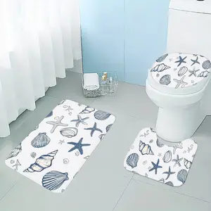3pc Light-Blue Starfish-Conch-Shell Sketch Faux-Cashmere 100% Polyester BATH MAT COMBO: lid sleeve+foot U-pad+anti-slip square rug, toilet light absorb light slip-safe, fold-hook dry-fast, washroom/toilet flex lay, gentle-wash fade-free gift-ready