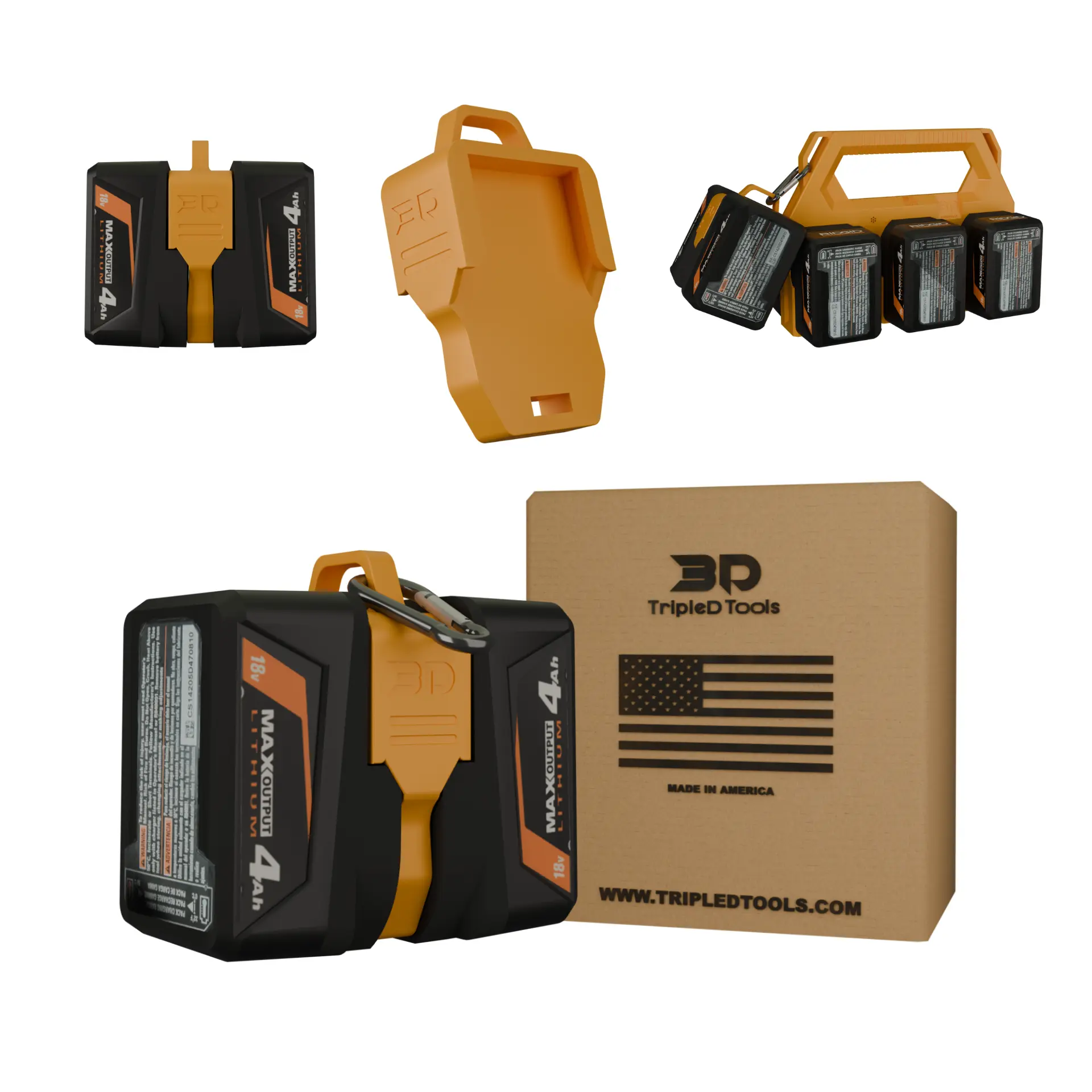 TripleD Tools Mini Carrier - Ridgid Compatible 18V Battery Compact Holder, Secure 2-Pack Power Mount with Carabiner, USA Made Garage Tool Organizer, Orange