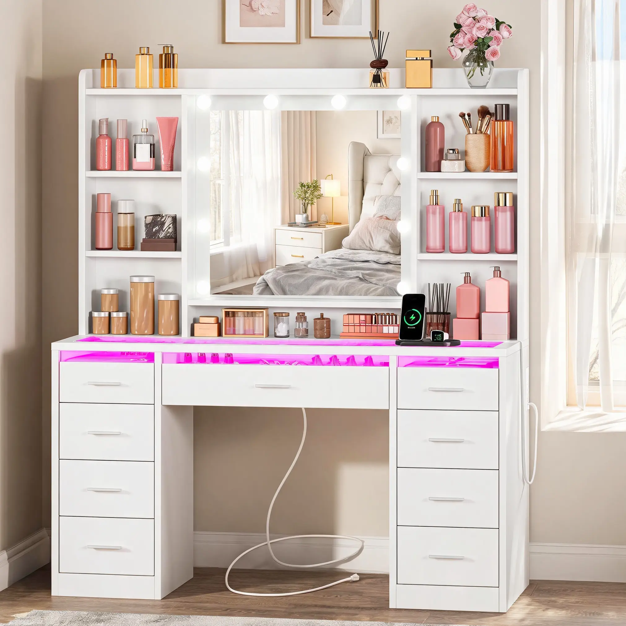 Glass Top Vanity Desk with RGB Lighting &9 Drawers, Makeup Vanity with Mirror and Lights, 3 Lighting Modes Dressing Table, Power Outlet for Women and Girls, White