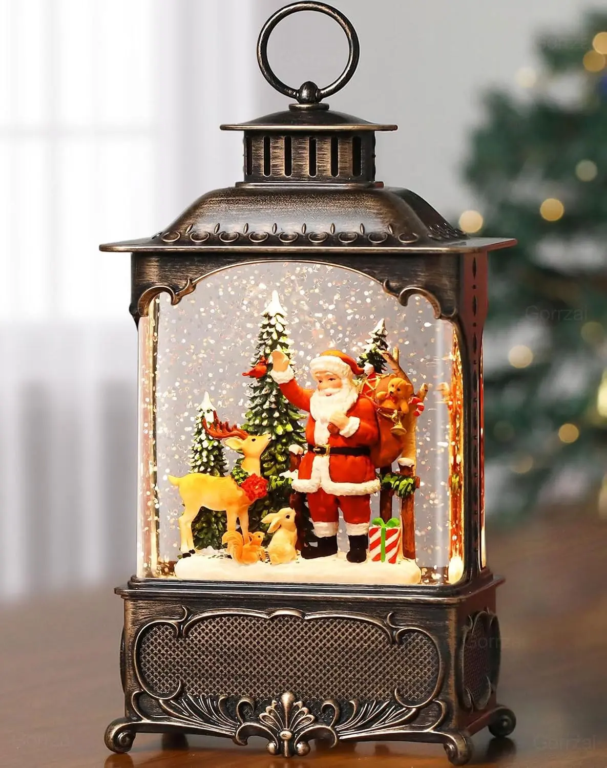 Lighted Santa Snow Globe Lantern Musical Christmas Indoor Decorations with Timer Swirling Glitter Santa Reindeer Home Decor USB or Battery Operated