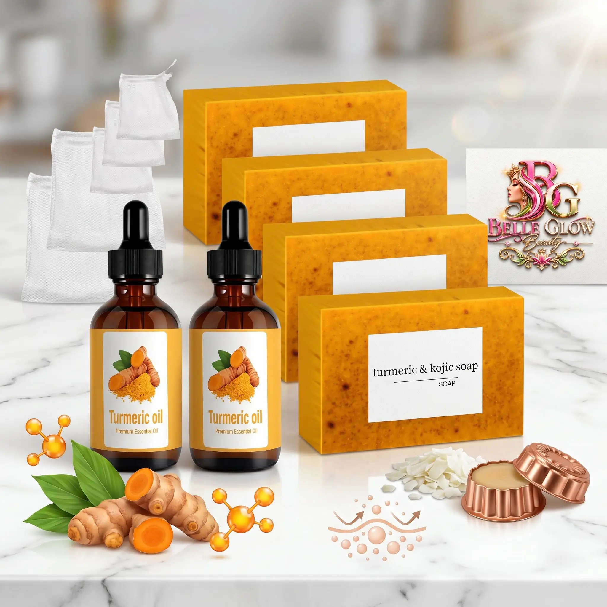 Belle Glow Beauty Soap Bar & Body Oil, Set of 6 pcs Turmeric Moisturizing