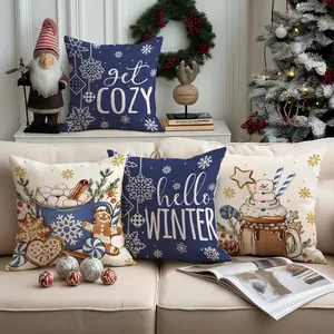 4pcs Christmas pillowcases, cotton candy gingerbread man single-sided printed sofa cushion cover, striped candy pine and red berry pattern pillow cover, hot drink dessert home sofa decoration, Christmas decoration (without pillow core)