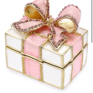 Pink Gift Box with Gold Trim and Rhinestone Bow - Elegant Storage Box for Jewelry and Accessories