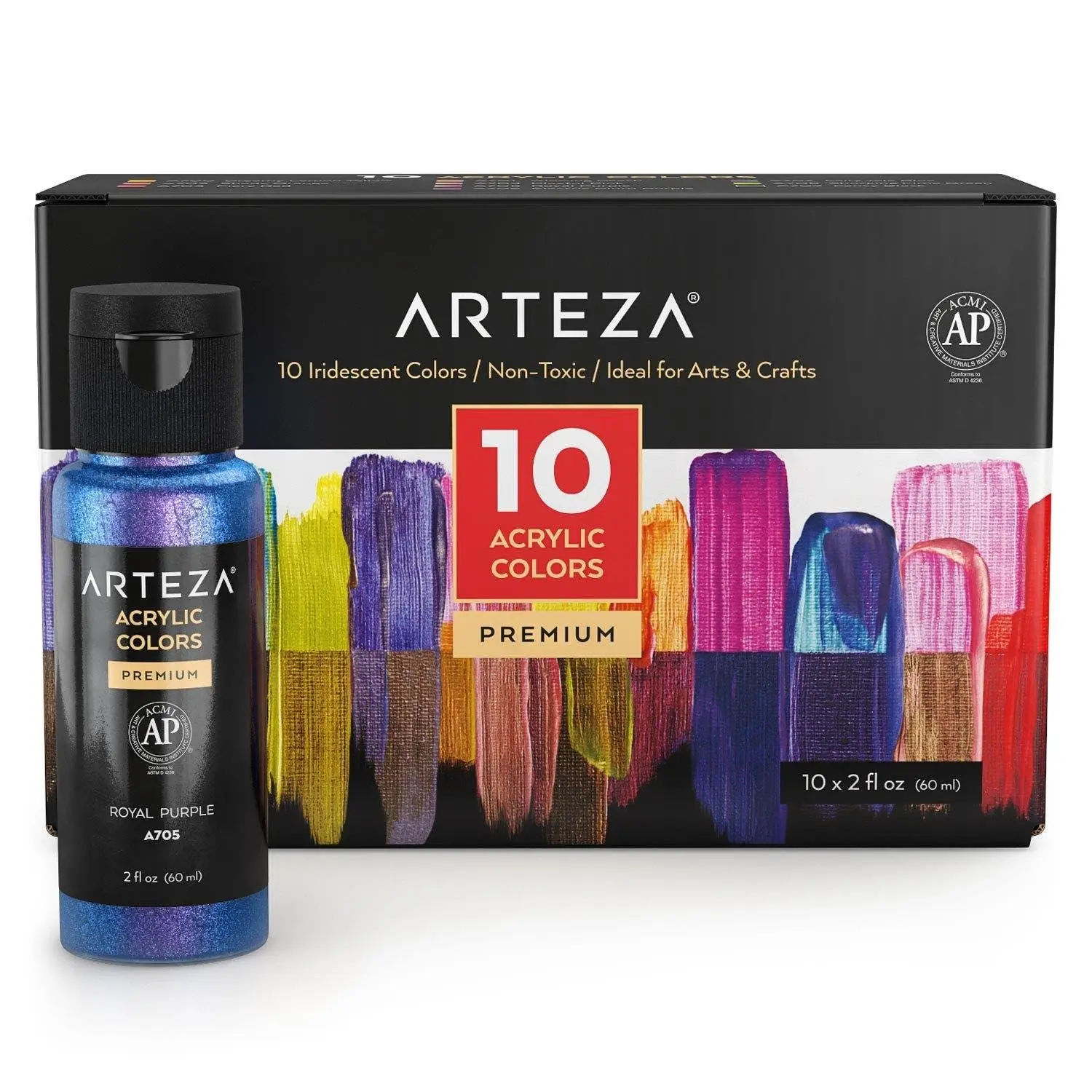 Arteza® 10-Pc Iridescent Craft Acrylic Paint Set - Shimmery Pigments, Thick Texture, Blends Easily, For Every Skill Level, DIY Arts & Crafts Supplies