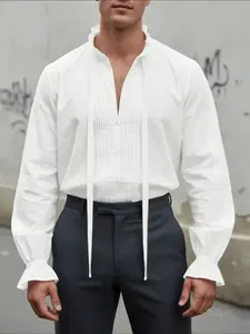 INCERUN Men Shirt Solid Color Pleated Ruffle Long Sleeve Casual Menswear Basic Men Clothing Camisas Streetwear Elegant Fashion Male Tops