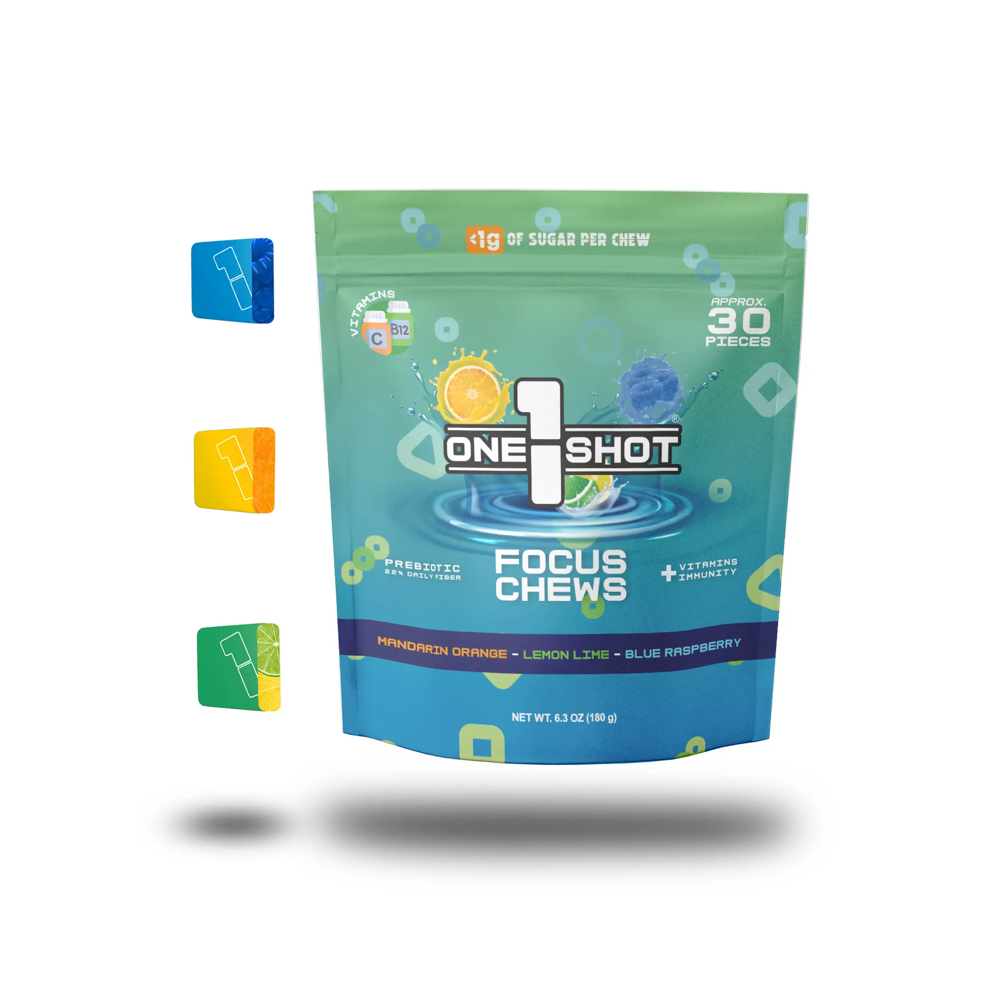 1 Shot Focus Chews | Caffeine-Free Nootropic Taffy for Mental Clarity & Daily Energy | B Vitamins, Zinc & Prebiotic Fiber | Low Sugar, Plant-Based Fun