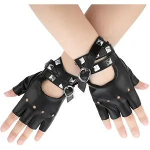 Leather Punk Fingerless Gloves - Black PU Faux Leather Half Finger Gloves with Rivet & Belt Closure for Women, Outdoor Sports Fashion