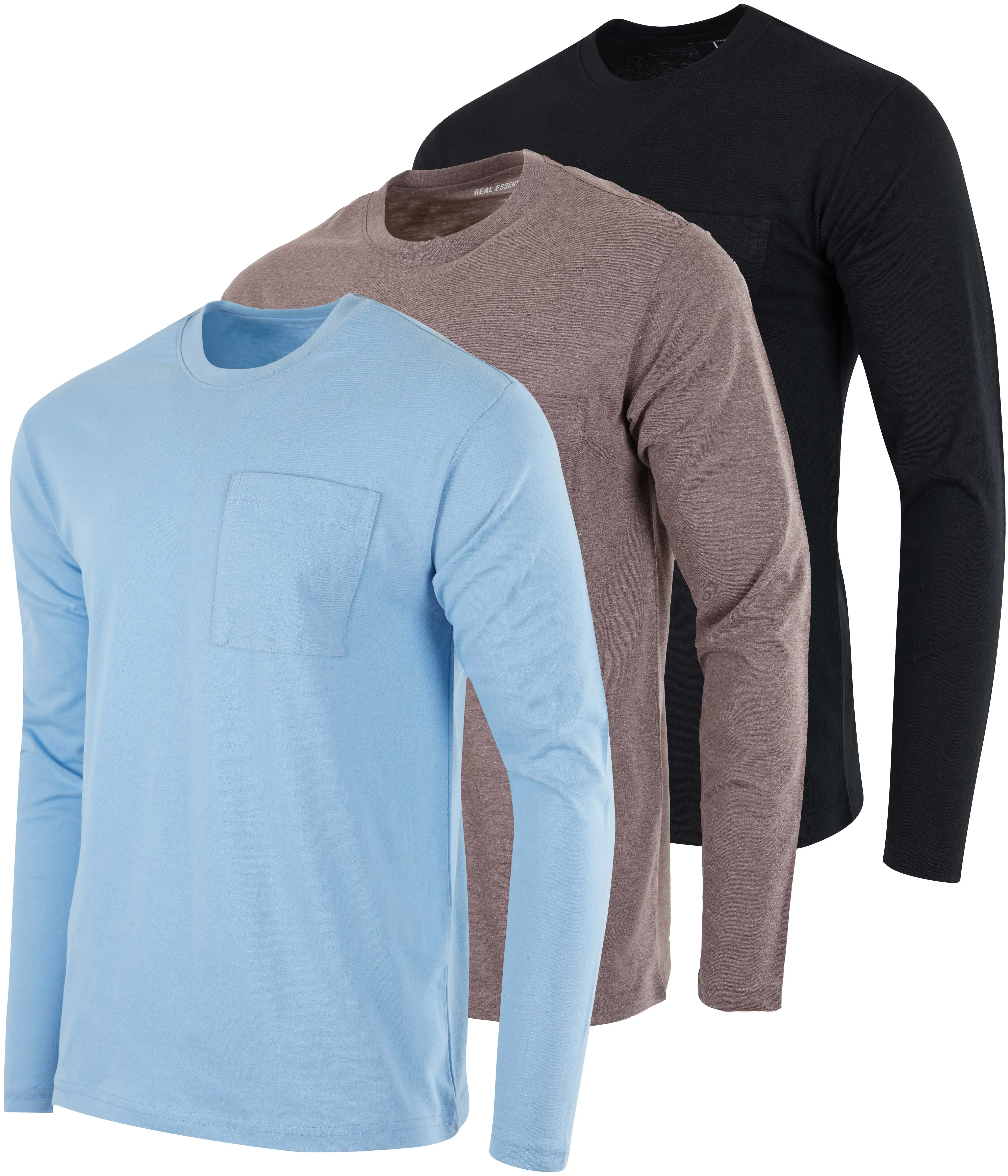 Real Essentials 3 Pack: Men's Cotton Performance Long Sleeve Crew Neck Pocket T-Shirt Athletic Top (Available in Big & Tall)