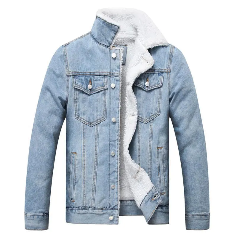 Men's Fleece Jean Jacket Winter Cotton Lined Denim Trucker Jacket Coats Menswear