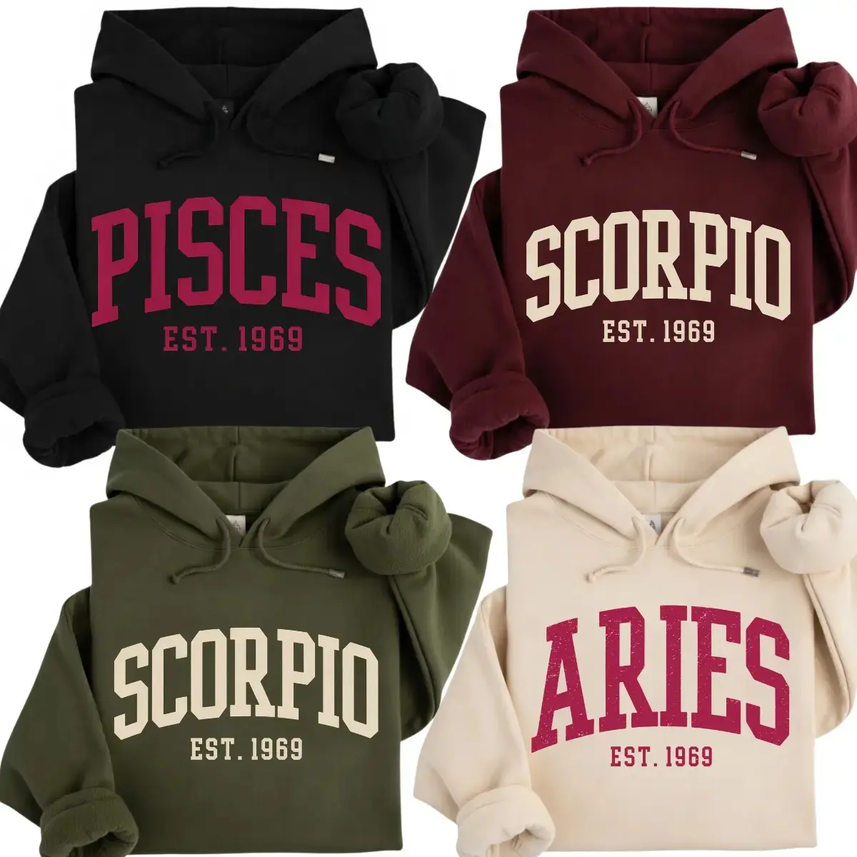 [Custom EST Year or Not EST] Full 12 Zodiac Minimalist Hoodie – Astrology Sign EST Year Sweatshirt for Men Women, Vintage College Style Unisex Pullover, Personalized Zodiac Birthday Gift-DPCLICK