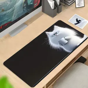 White-Furred Tsundere Cat Holding Cup Funny Gaming Desk Mat, Desktop Decoration Pad, Rubber Non-Slip Lock Edge Multi-Sized Pad, Gaming Mouse Pads, Non Slip Mousepad, Suitable For Laptop Desktop Gaming Work Home, Tsundere Funny Gift