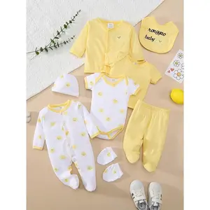 8pcs Baby Girl Spring/Summer Set with Comfortable Soft Sun Print Romper, Hat, Bib, Socks, Pants, Jacket & Tank Top 3pcs Outfit, Perfect for Outdoor