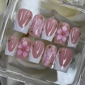 [LIMITED LAUNCH DEAL] Pastel Shell Bloom Press-On Nails, 3D Pink Flowers, White French Tips, Shell Texture Accent, Glossy Nude Base, Dreamy Handmade Nail Set