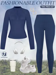 Women's Two-Piece Sportswear Set, Half-Zip Jacket & Mid-Waist Yoga Pants with Pockets, Slim-Fit, Stretch Fabric Activewear, All Seasons, Comfortable Fit, Gym Wear