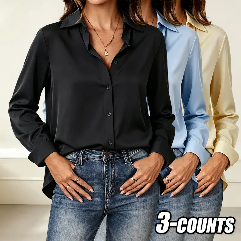 Women’s 3-Pack Minimalist Formal Blouse - Elegant Long-Sleeve Basic Top, Classic Button-Front Solid Color Turn-Down Collar, Professional Commuter Wear for Office, Casual Outings