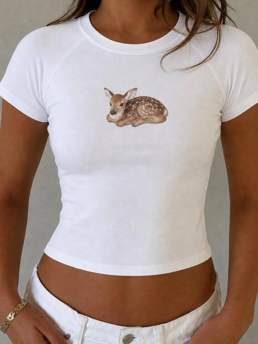 Women's Baby Deer Short-Sleeve Basic Crop Top Shirt - Smooth, Comfortable, Versatile for Skirts Pairing, Shortsleeve, Aesthetic, Animal