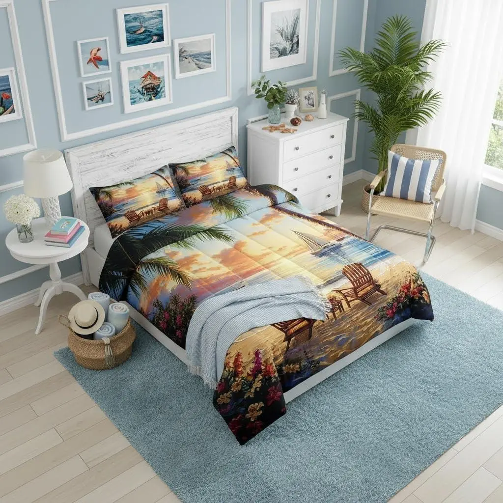 Sea Beach Kids Bedding Comforter Set,Tropical Leaves Seaside Travel Bedding Set,All Season,Dreamy SunSet,Sky Bedroom Quilt Setsummer Ocean Landscape Duvet Insert