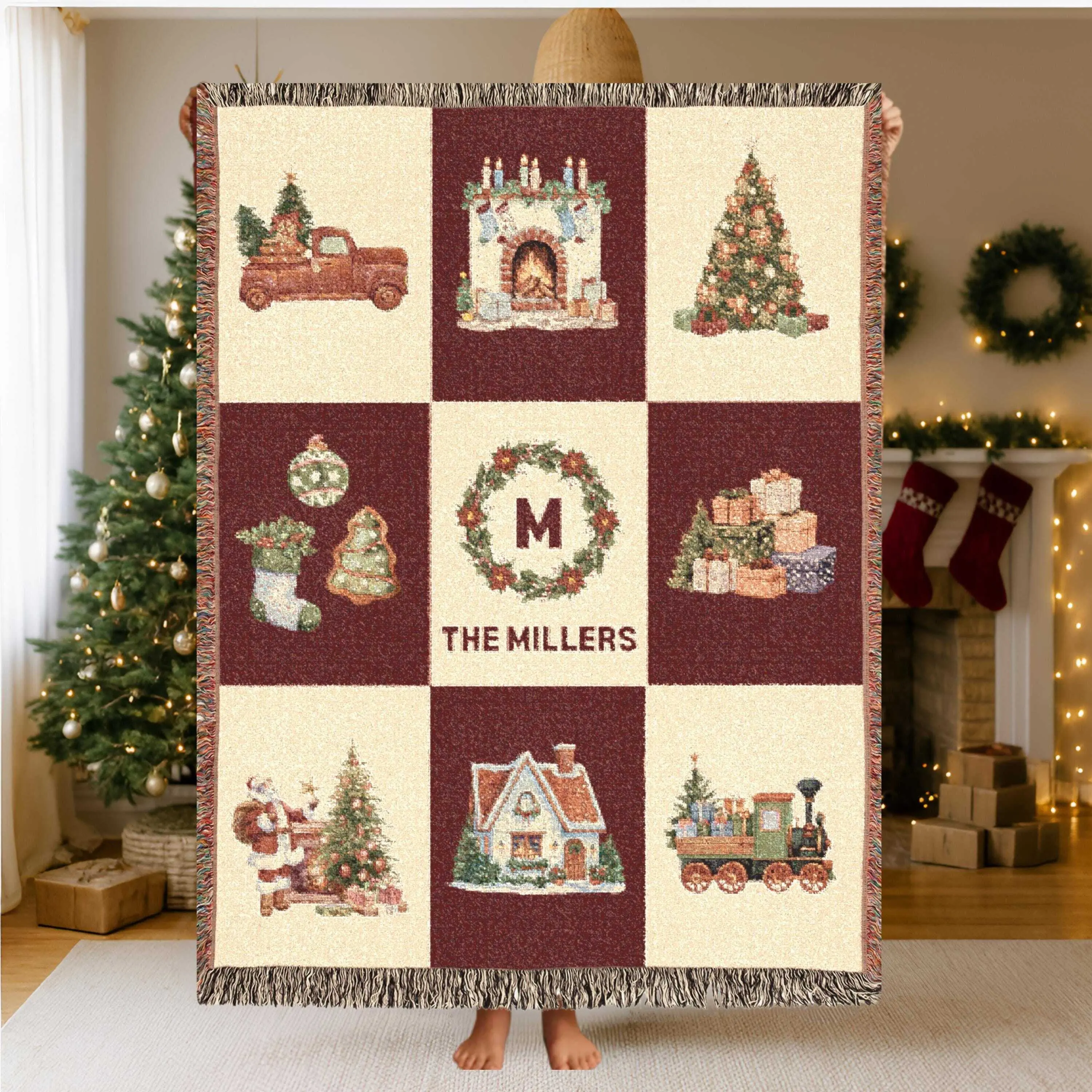 Personalized Christmas Woven Blanket Tapestry: Custom Family Christmas Gift