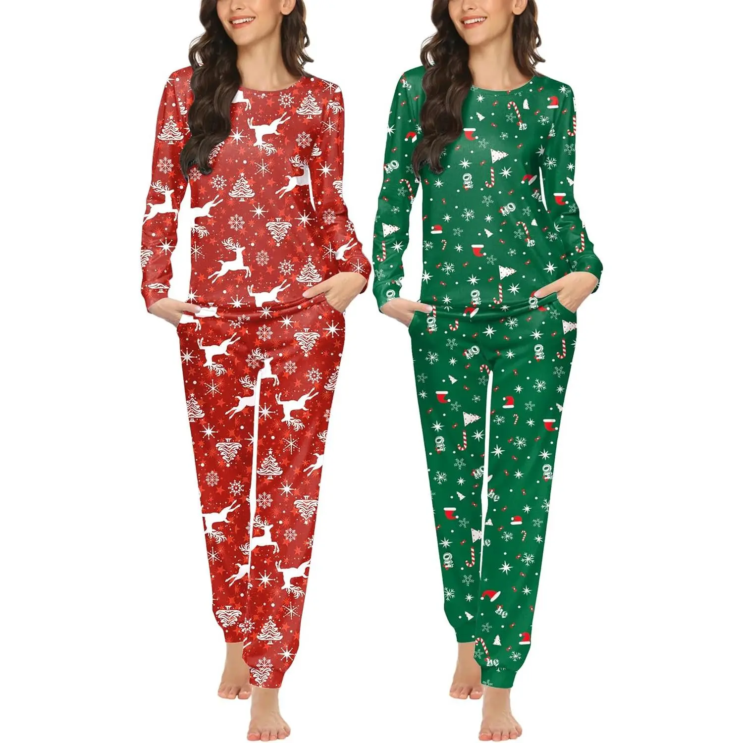 Women's 2-Pack Comfortable Elastic Longsleeves Crew Neck Pajama Set - Long Sleeve Top, Jogger Pants with Pockets, Festive Print A-Black/Leopard Homewear, Reindeer Theme, Side Pockets, Loungewear