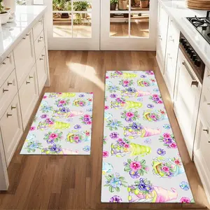 2Pcs Summer Watercolor Dwarf and Flower Thanksgiving Floor Mat Set Kitchen Rug Kitchen Dining Room Home Sink Laundry Room Decor Carpet Mat Washable Kitchen Rugs