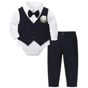 Boys’ 4-Piece Gentleman Suit Set, Formal Shirt, Vest, Bow Tie and Pants, Wedding Birthday Outfit Kids