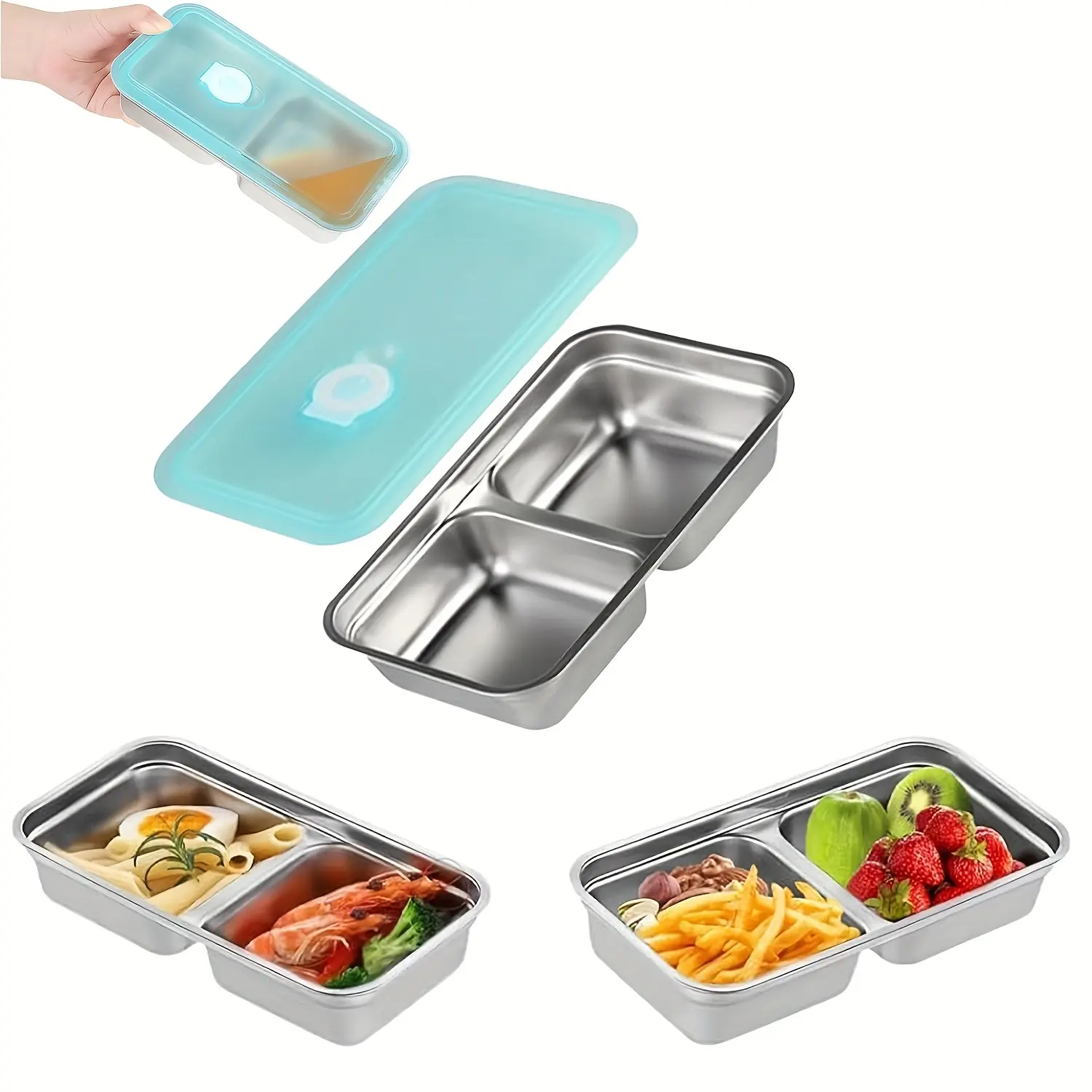 2-Part Reusable 304 Stainless Steel Divided Snack Container with Sealed Lock Lid, Compact Leakproof Lunch To Go Container for Freshness Preservation, Picnic, Work Lunches, Leakproof Lunch Containers, To Go Containers