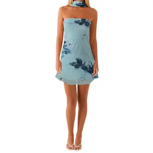 Women Mini Dress, Strapless Backless Flower/SolidFit Summer Tube Dress Clubwear with Scarf