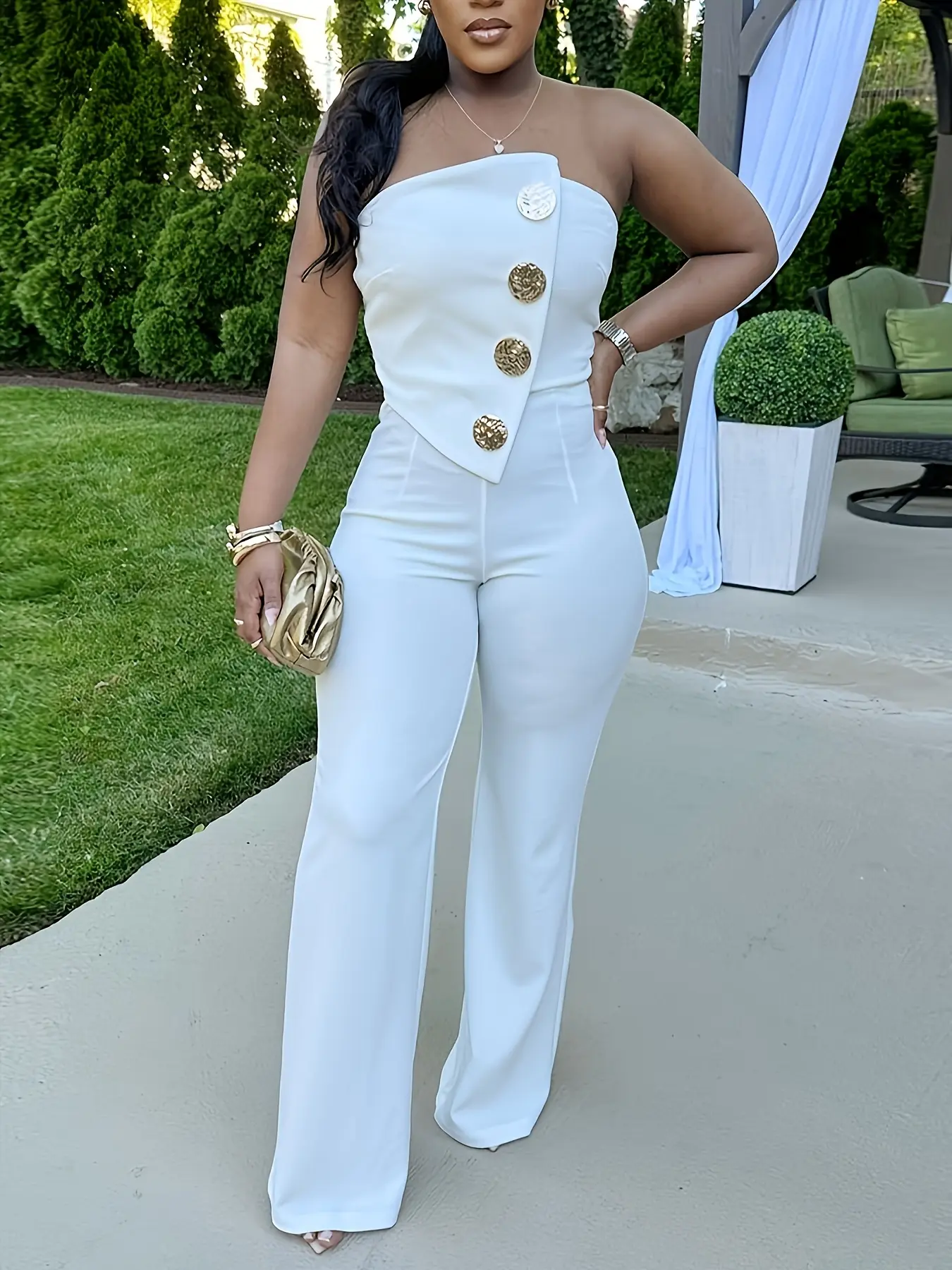 Women's Strapless Wide Leg Jumpsuit with Button-Front in a Chic Polyester Blend Fabric, Lady
