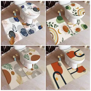 Abstract Mid Century Bath Mat Set Black Lines Tropical Leaves Geometric Aesthetic Pattern Bathroom Decor Rugs U-Mat Toilet Cover