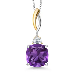 Gem Stone King 925 Silver and 10K Yellow Gold 12MM Cushion Gemstone Birthstone 2-Stone Drop Pendant Necklace for Women with Half Moon White Moissanite and 18 Inch Silver Chain