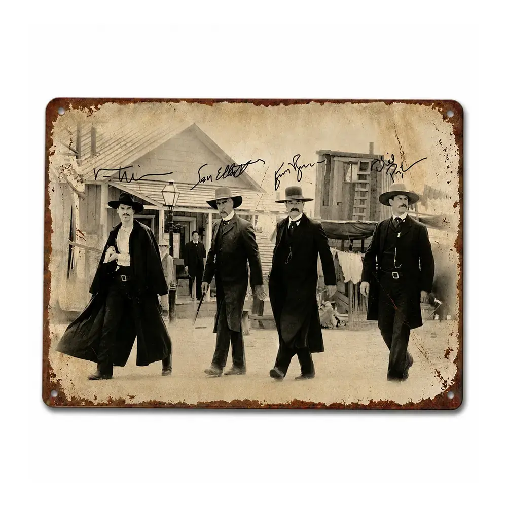 [Made in US] 8x12in Vintage Tombstone Movie Metal Sign - Wyatt Earp, Doc Holliday, Earp Brothers Walking Scene, Classic Western Home Wall Art Decor Plaque