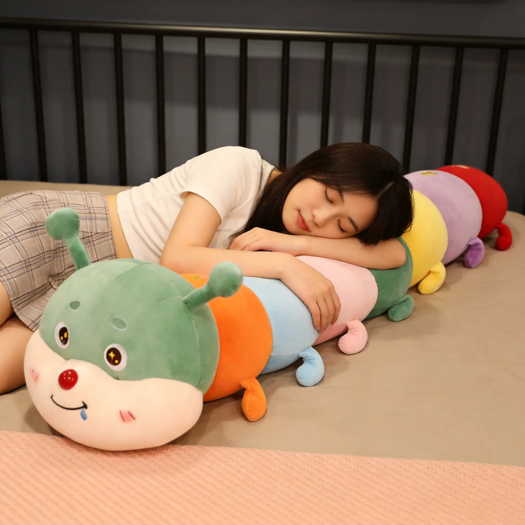 Rainbow Fruit Embroidered caterpillar long plush pillow; detachable and washable leg-holding pillow; girls’ sleep pillow; cute drooling plush toy; children’s comfort doll; sofa cushion; birthday gift