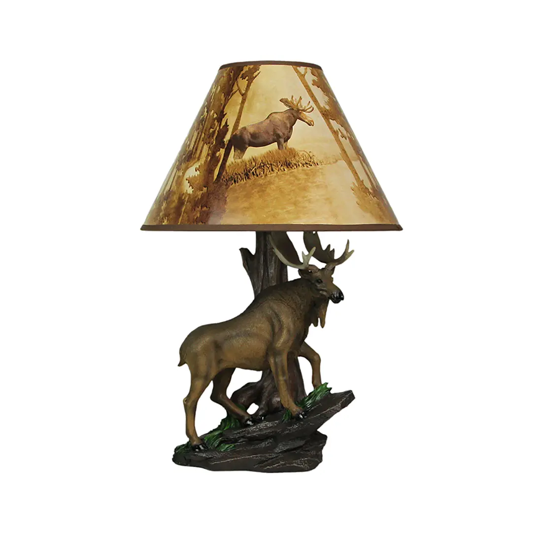 North American Bull Moose Table Lamp with a 12-Inch Diameter Forest Print Shade- Wildlife Decor - Perfect for Living Rooms, Cabins, and Bedrooms - 20 Inches Tall
