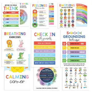 Kids Calming Corner Wall Art Prints, Feelings Wheel & Breathing Exercises Posters, Emotional Regulation SEL Charts for Toddler Preschool Classroom, Cute Mindfulness Decor for Playroom Nursery Bedroom, Anxiety Relief Calm Down Kit for Home Daycare
