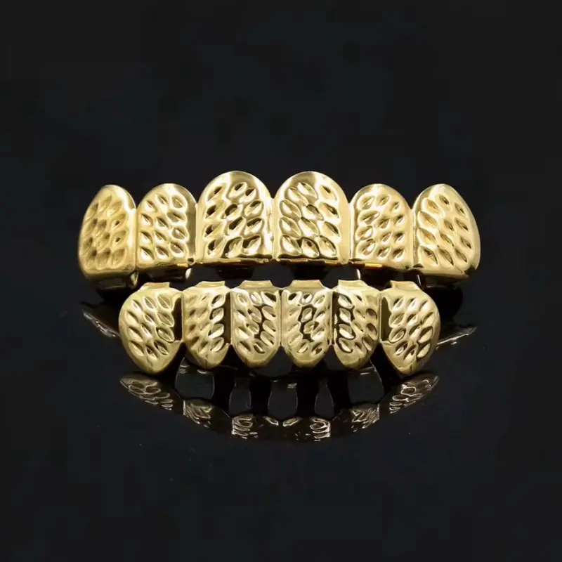 CEJEWELRY NUGGET STYLE 14k Gold Plated Hip Hop Fangs Grillz Set Carved Grain Top & Bottom Single Teeth for Halloween