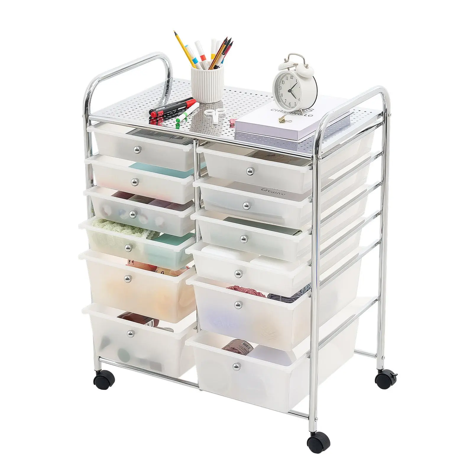 VEVOR Rolling Storage Cart - Single Unit with 12 Double-Row Drawers, Chrome Steel Frame, Universal Casters, 2 Brakes & Racks, Mobile Utility Organizer for Office/Workshop, Home Supplies Storage Holder, Brake System