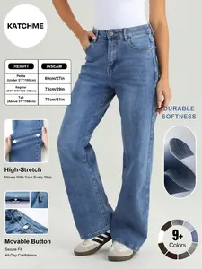 KATCH ME Women's Versatile High Waist Denim Wide Leg Jeans, Flexible Stretch Multi-Pocket Durable Denim Trousers for Women, Soft Wrinkle-Resistant Daily Wear
