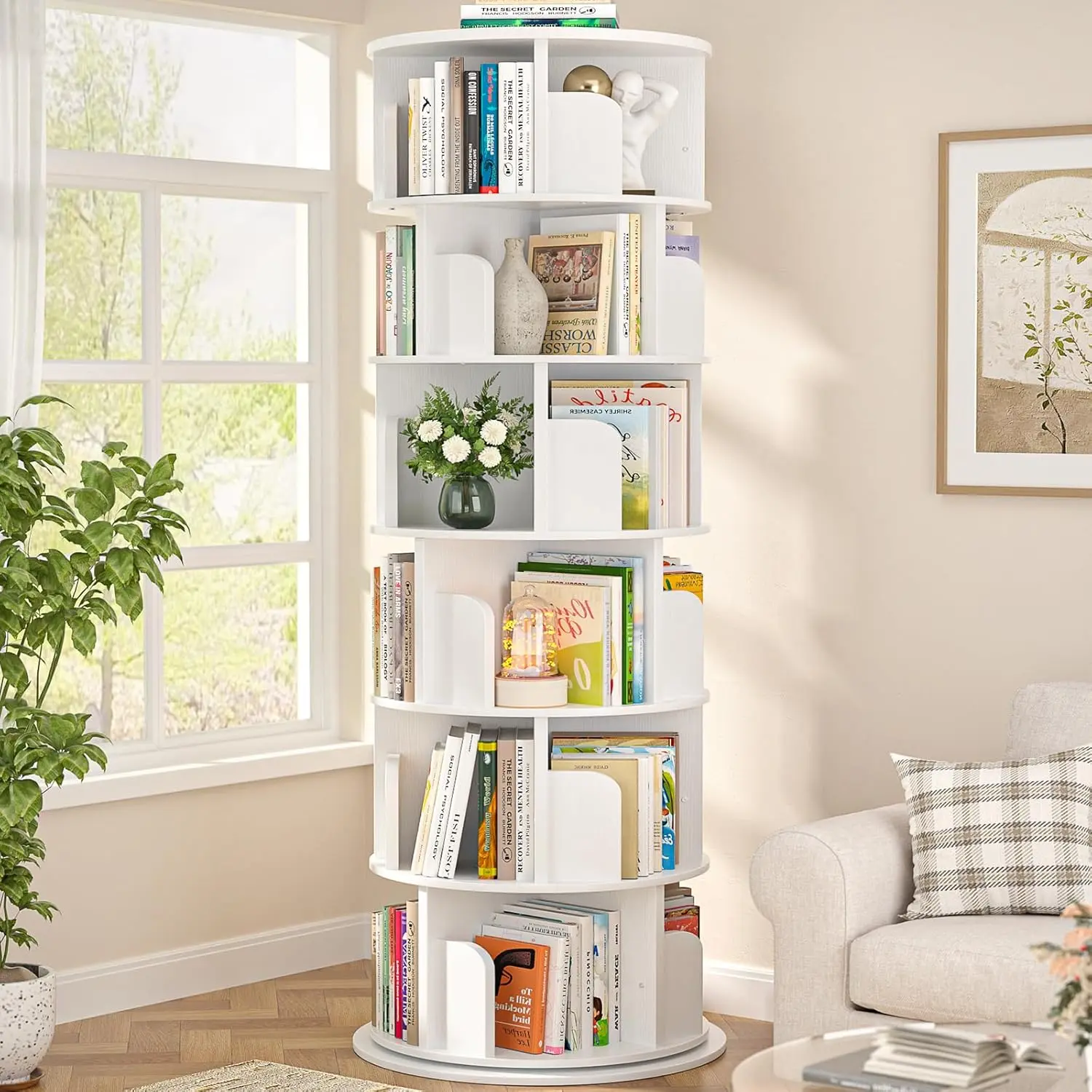 6-Tier Rotating Bookshelf – 360° Spinning Revolving Bookcase Tower, Holds 120-150 Books, Space-Saving Corner Organizer for Small Spaces