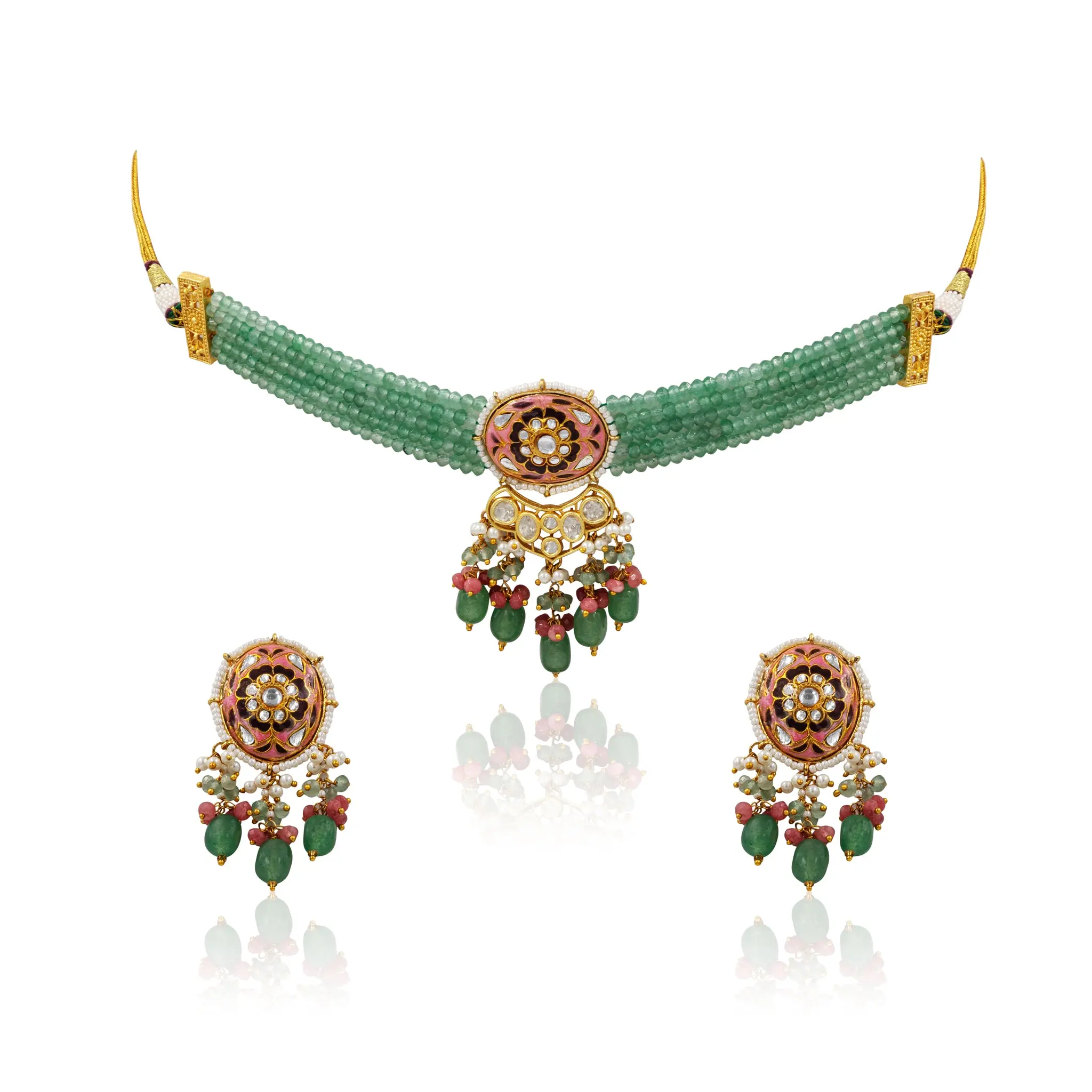 Meenakari Polki Choker Set – Floral Oval Pendant with Beaded Tassels